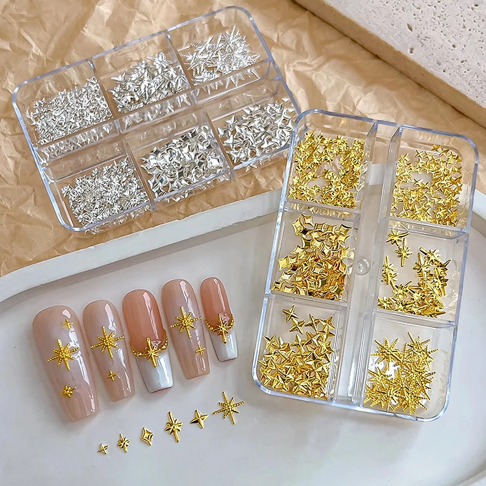 

6Grids Luxury Gold Silver Starlight Stars Nail Charms 3D Metallic Alloy Starcross Starburst Nail Rhinestones Y2K Manicure Parts﻿