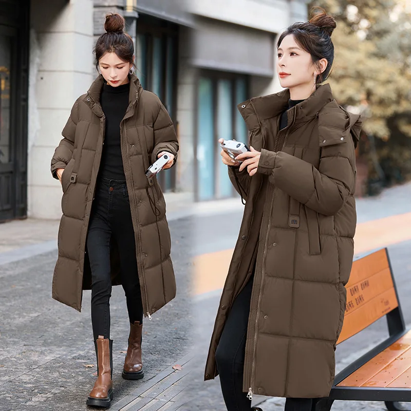 

Women Parkas Coats Solid Jackets Zipper Pocket Detachable Hooded Long Sleeve Longline Thick Loose Casual Office Lady 2025 Winter