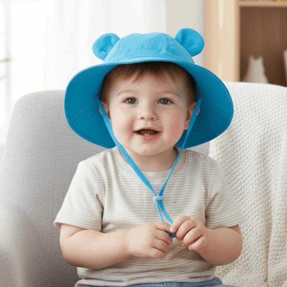 

Breathable Children Fisherman Hat Cartoon Bear Solid Color Kids Sunshade Bucket Cap Soft Windproof Rope Folding Baby Sun Hat