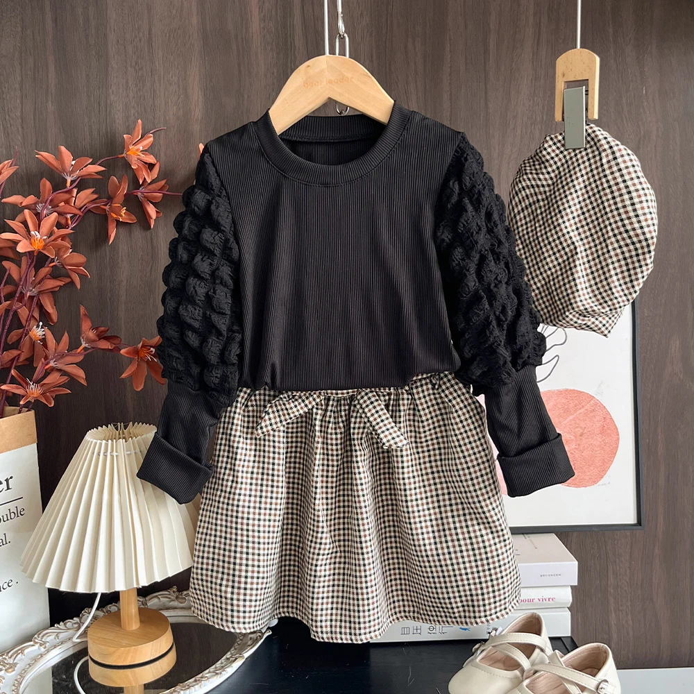 Autumn and Winter Casual Plaid Suit with Bubble Sleeves As The Base and Bow Tie Skirt Including A Hat As A Gift