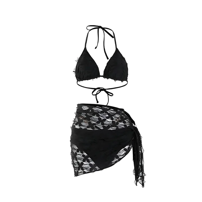 Conjuntos de bikinis lisos con cadena de metal sexy, trajes de baño de 3 uds con falda con cubierta de malla, trajes de baño para playa, bikini dulce tankini