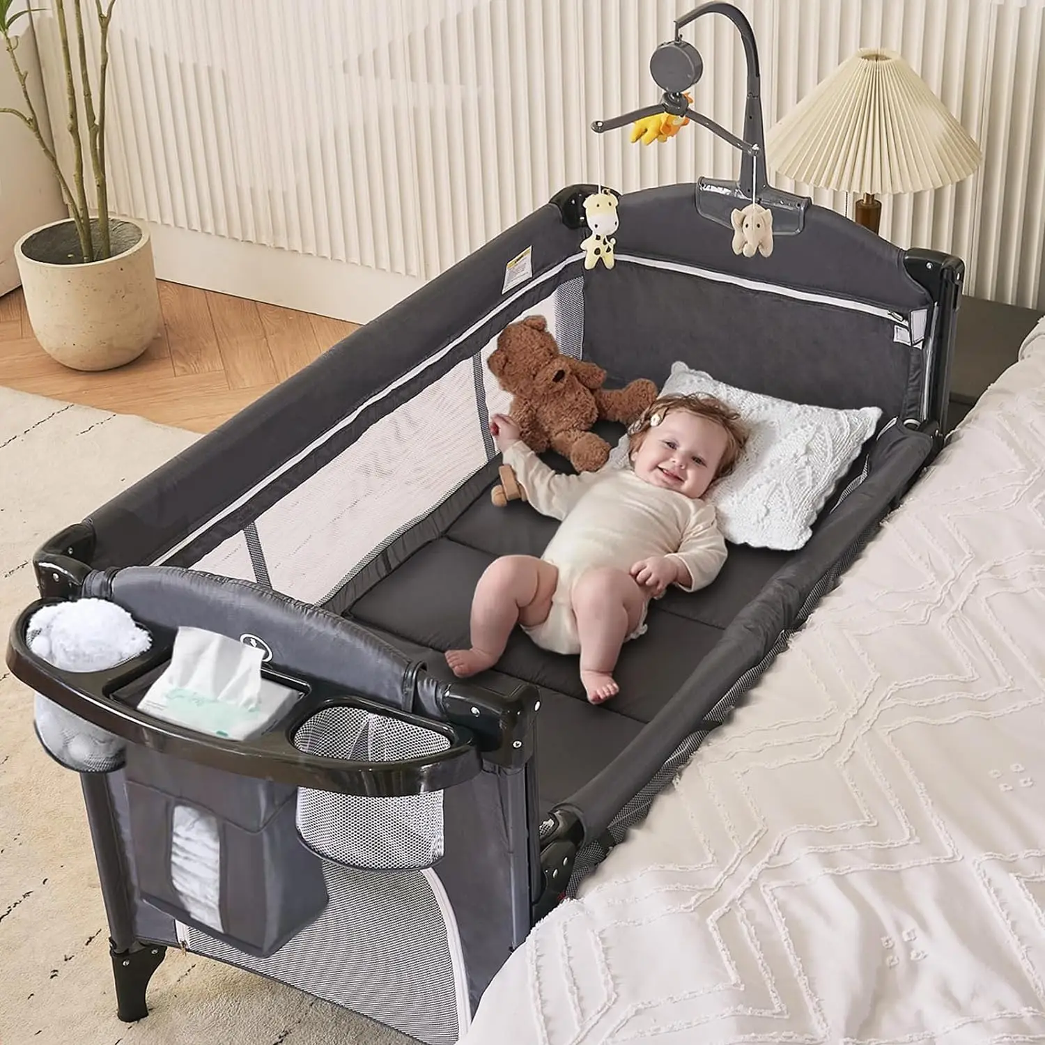 6-in-1 Bassinet with Bassinet Adjustable Bedside Crib Portable Bassinet with Wheels U-Shaped Diaper Table Music Box & Hanging To