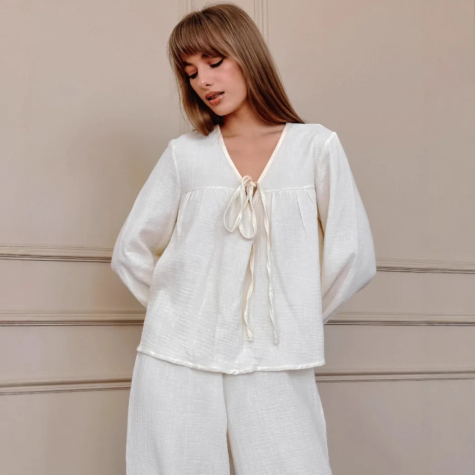 Muslin 100% Cotton 2 Pcs Women'S Pajamas Set Lace Up Sleepwear V-Neck Nightgowns Long Sleeve Nightwear Pants Casual Ladies Night
