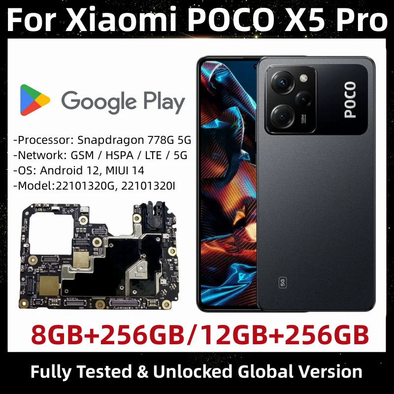 Motherboard for Xiaomi POCO X5 Pro, 5G Mainboard, 256GB ROM, Logic Board, Global Version, 22101320G, 22101320I