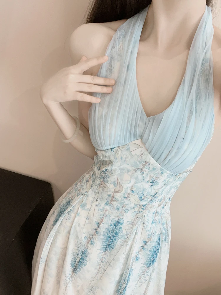 Jmprs 꽃 섹시한 홀터 비치 드레스 여성 우아한 슬림 달콤한 민소매 빈티지 롱 드레스 캐주얼 레트로 메쉬 패치 워크 베스 티드