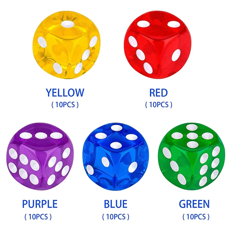 Hot 50Pack 14MM Translucent&Solid 6-Sided Game Dice For Board Games,Activity,Casino Theme,Teaching Math