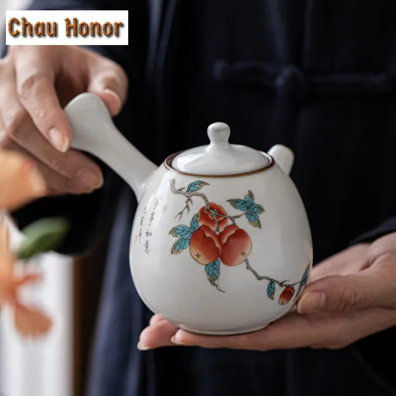 245ml Chinese Ru Kiln Side Handle Teapots Handmade Cute Cat Pattern Ceramic Kettle Travel Portable Filter Tea Pot Home Tea Set