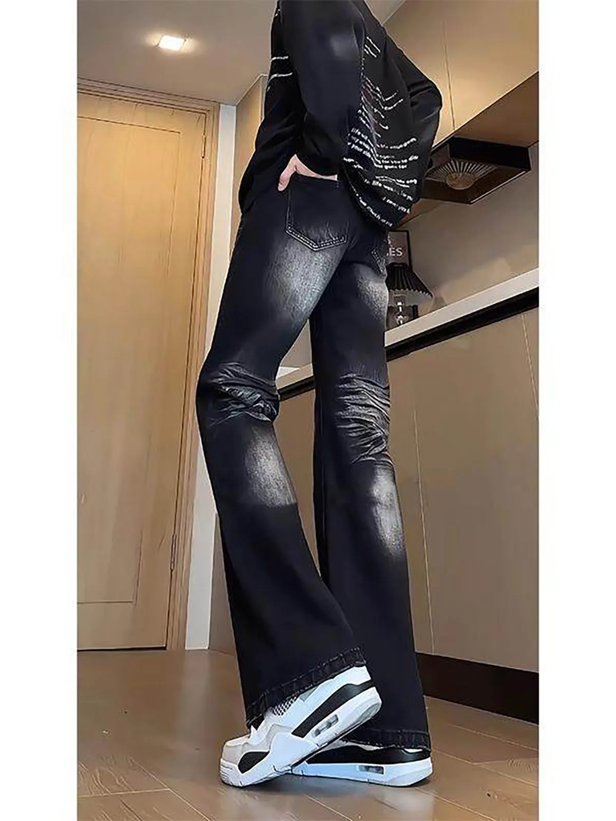 

Washed Vintage Men's Jeans Black Gradient Tie Dye Straight Leg Long Pants Youthful Style Casual Wear Spring Season Essential