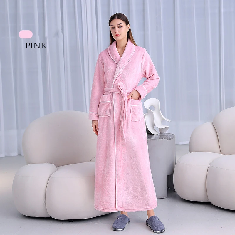 Womens Solid Color Bathrobe Ladies Fleece Plush Warm Long Robes Fleece Nightgown Sleepwear Couple\'s Thick Flannel Homewear