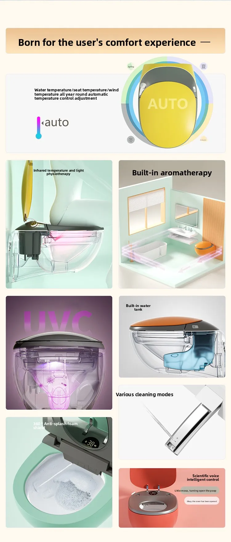 Intelligente, an der Wand montierte Keramiktoilette, eingebetteter Wassertank, vollautomatische, längliche Schüsselform, Siphon, Strahlspülung, P-Siphon-Entwässerung