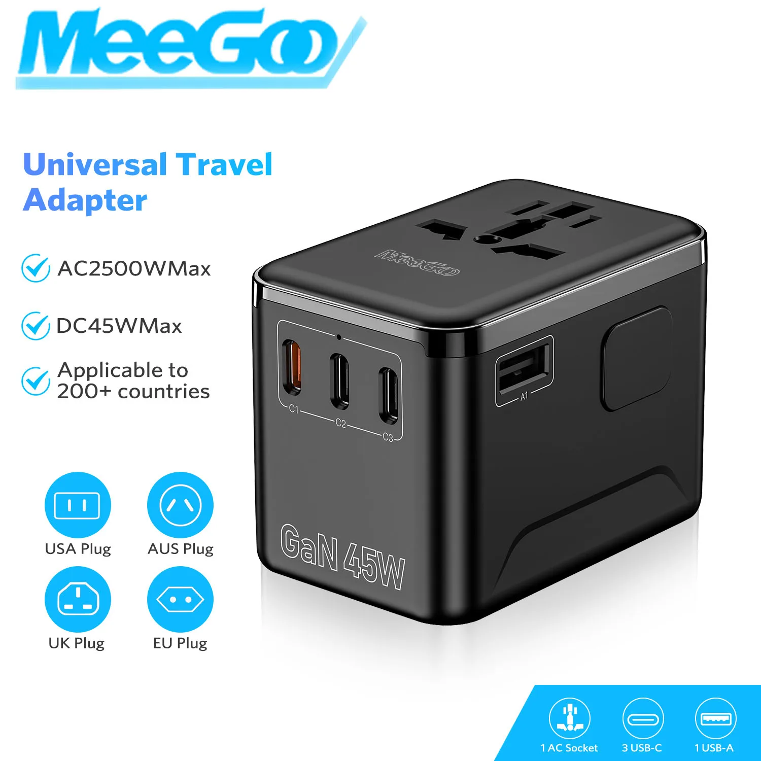 

MeeGoo GaN Travel Adapter 45W Universal International Fast Charging USB+Type C Plug Portable Charger Wall Charger Adapter Phone
