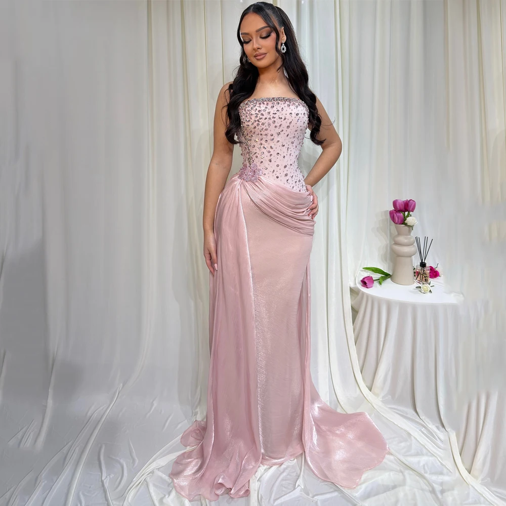 

Rhinestone Pink Evening Dresses Mermaid Sleeveless Pleat Prom Gowns 2026 Strapless Shiny Wedding Guest Dresses Customized