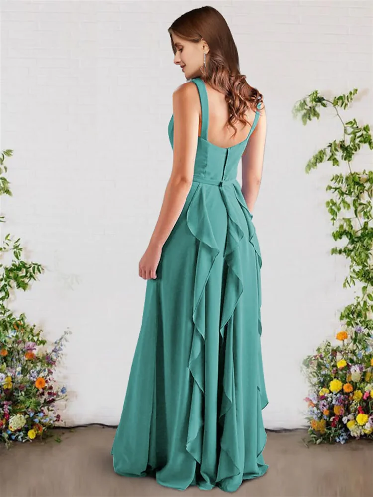 Vestido Formal de dama de honor sin mangas con cuello en V, gasa elegante hasta el suelo con volantes, elegante vestido de mujer para fiesta de graduación de noche