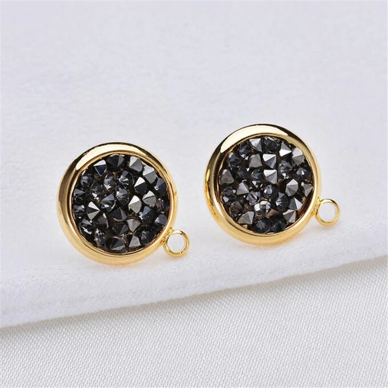 New 18K Gold Plated Brass Black CZ Crystal Round Ear Stud Hooks For DIY Earrings Jewelry Making Crafts Ear Wire Hook Accessories