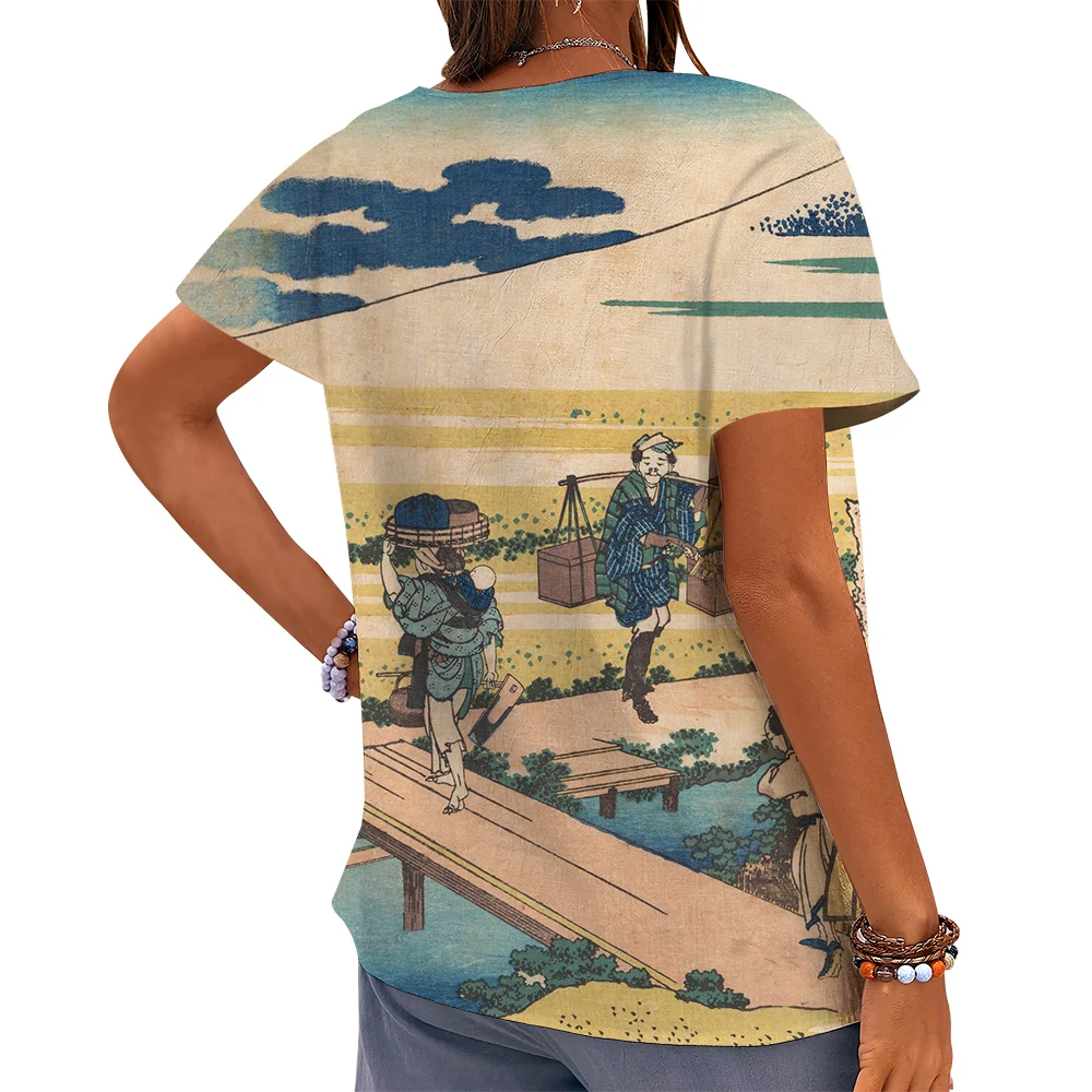 CLOOCL Ukiyo-e Women T-shirt Pastoral Harvest Japanese Painting 3D Print Tees Button Decorate Short Sleeve Blouse Artistic Tops