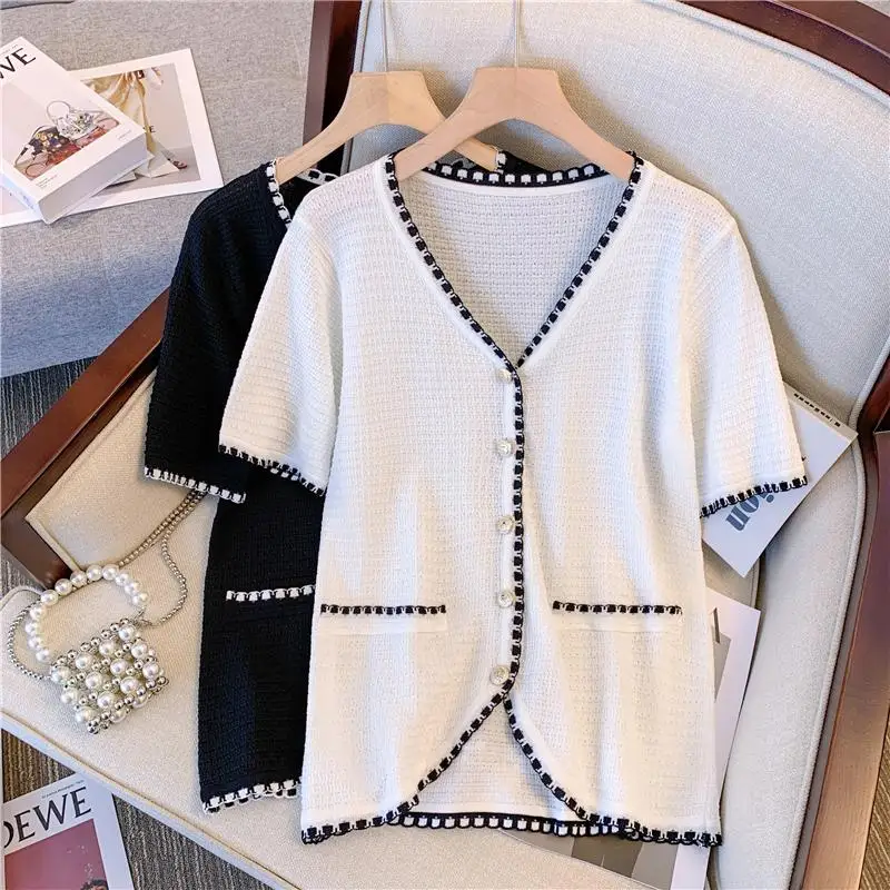 2022 New Oversized Women Sweater V-Neck solid color Knitted pullove transparent short sleeve Female Casual Loose Women clothing