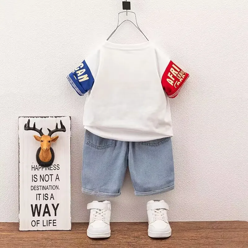 Boys Summer Set New Children's Baby Fashionable Two Piece Clothing Small and Medium Children's Korean Short Sleeve T-shirt