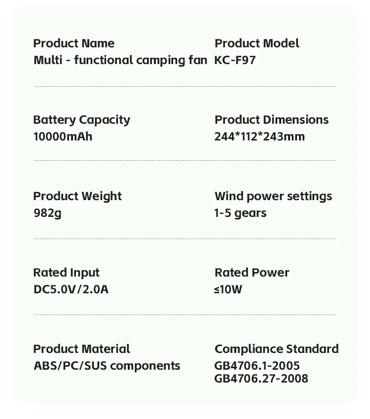 Tragbarer 6-in-1 Outdoor-Campingventilator 10000mAh Wiederaufladbarer Kabelloser Zelt-Deckenventilator 5-Stufen-Einstellung Fernbedienung LED-Licht – Detail 15