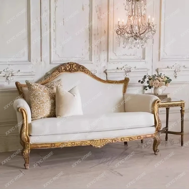 

Gold retro old solid wood three-person sofa carved antique fabric designY
