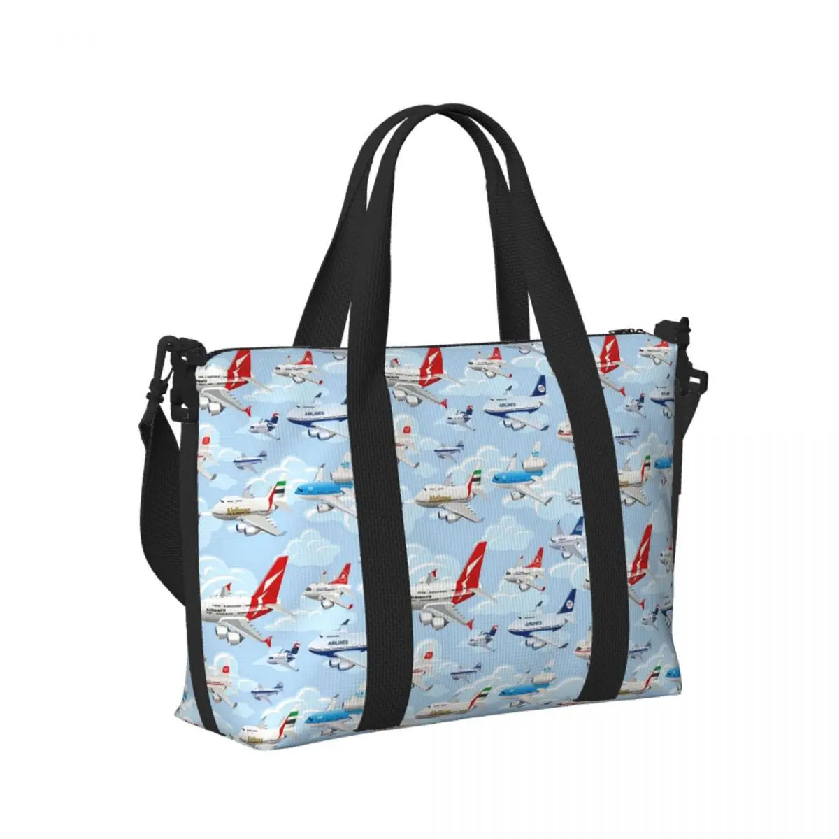 

Custom Cartoon Commercial Airplanes Seamless Pattern Beach Travel Bag Tote Bags for Gym Sport Women Shopping Duffle Shoulder Bag