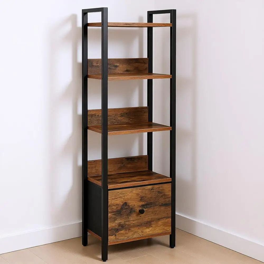 

5-ярусный книжный шкаф, органайзер для хранения вещей в небольших помещениях, для гостиной, спальни, кабинета, кухни, в деревенском стиле, коричневый и черный