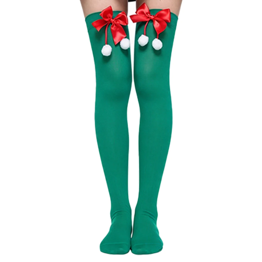 5Pcs Women Christmas Stockings Pom-Pom and Bow-Decorated Knee-High Stocking Adults Christmas and Holiday Party Accessories Socks