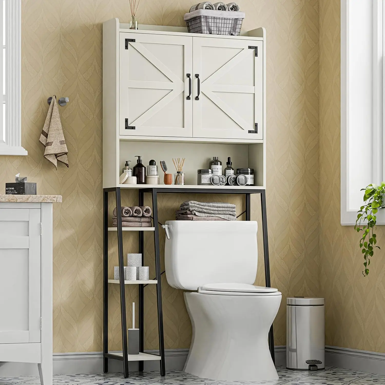 

Over The Toilet Storage Cabinet, Farmhouse Storage Cabinet Over Toilet with Sliding Door & Toilet Paper Holder Stand, Home Space