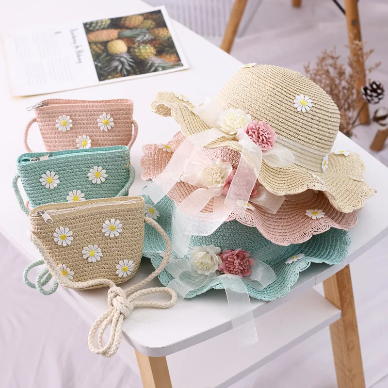 Girls Chamomile Floral Straw Hat Handbag Sets Child Baby Straw Hat Kids Outdoor Beach Sun Hat Bags Set Travel Holiday Sun Cap