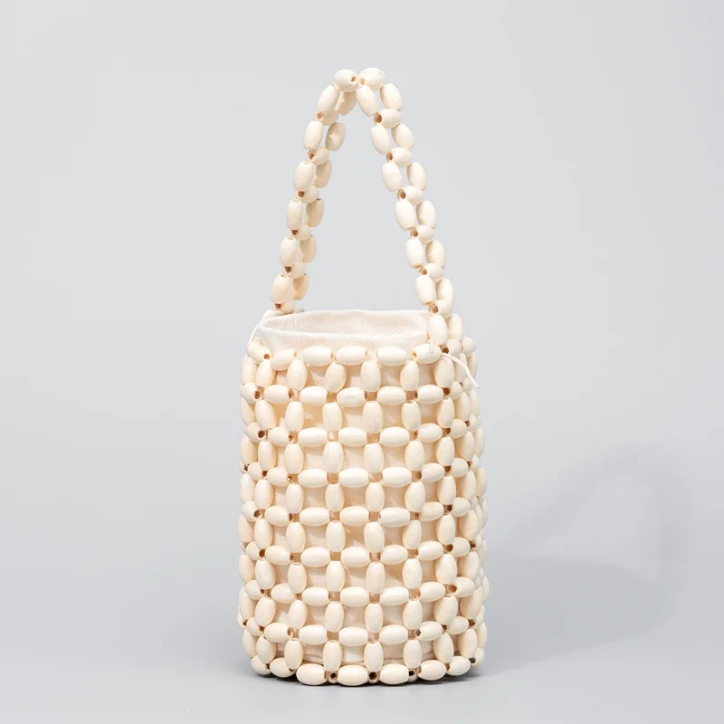 

2025 Simple Design Handmade Woven Women Bag Fashion Bucket Bag High-quality Wooden Bead Women Handbag
