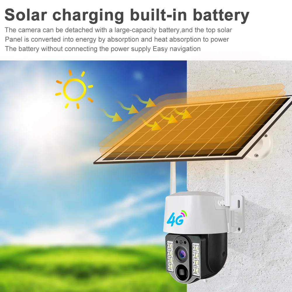 4G Sim Solar Camera Outdoor Wireless IP Camara Low Powered Battery PIR Motion Detection Waterproof CCTV Home Security Protection