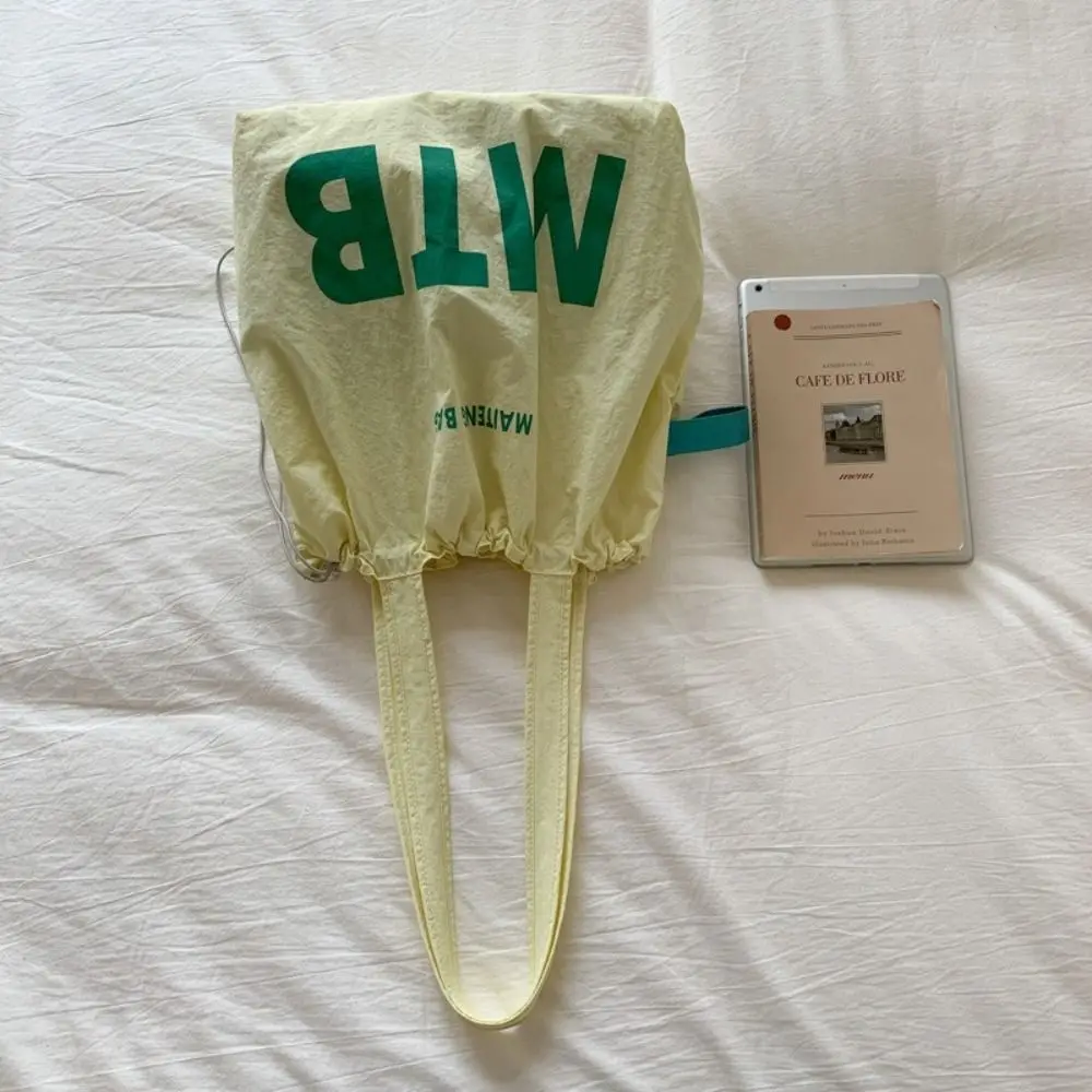 Fashion Solid Color Drawstring Bags Nylon Light Weight Letter Shoulder Bag Large Capacity Shopping Tote Bags Ladies