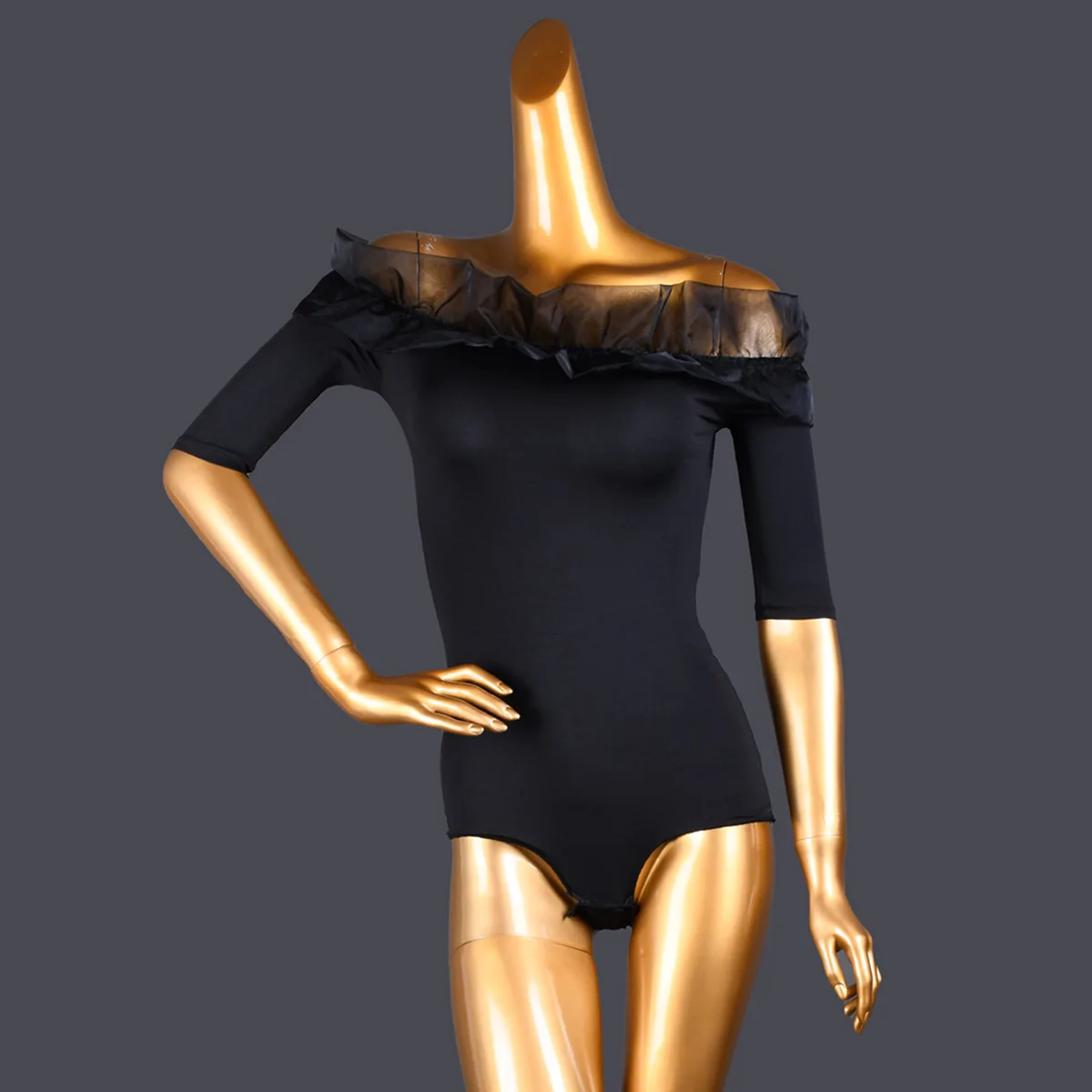 

Adult Women Latin Dance Costume One-word Collar Black Middle Sleeve-sleeved Top Modern Dance Practice Flower Lace Collar Clothes