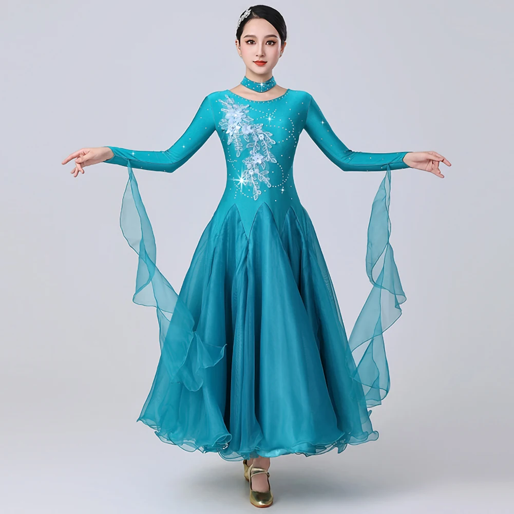 Vestido de competición de baile estándar, calcomanía de baile de salón de manga larga para mujer, vestido ajustado de práctica de baile con cuello redondo y diamantes de imitación