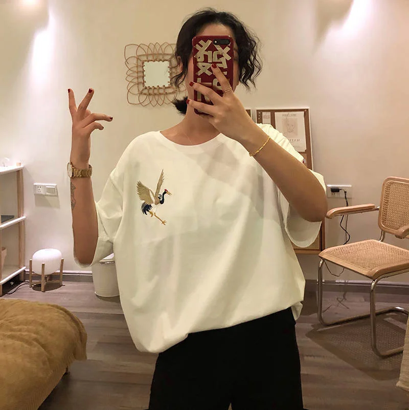 Summer Chinese Style Embroidery Crane Tees Shirts Women Casual Streetwear Tshirts Oversized Loose T-shirt All-Match Clothes