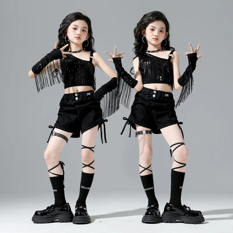 Girls' street dance performance costume girls crop top jazz dance performance trendy catwalk show sequined tassel jazz dance set