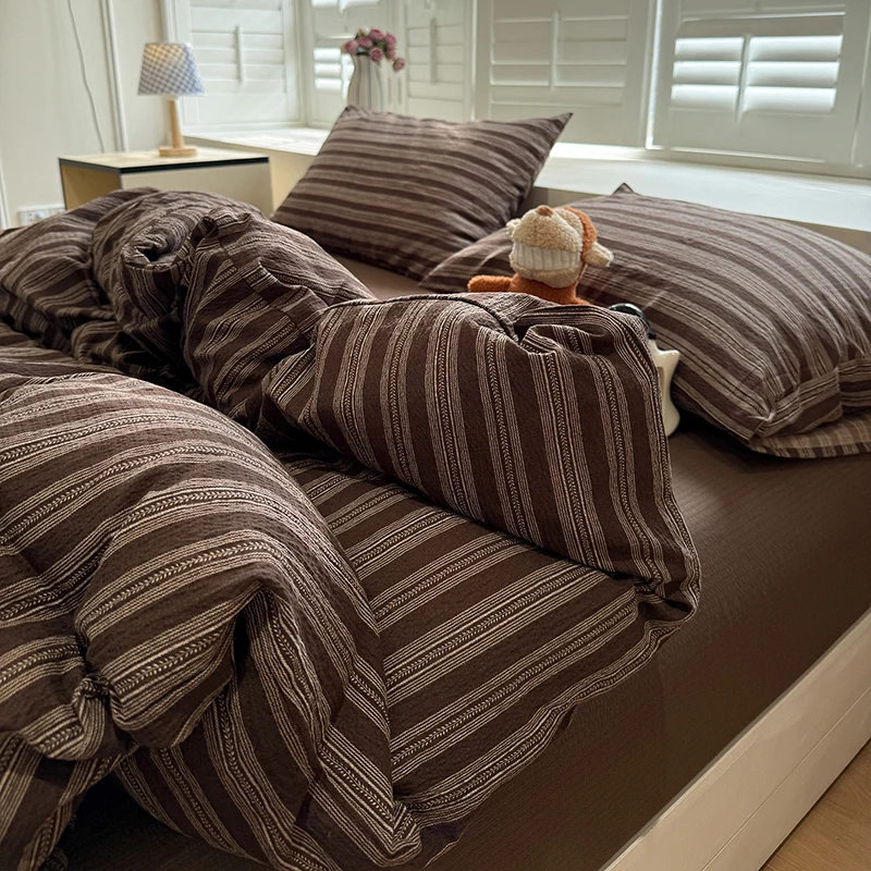 Washed Microfiber Bedding Set, Striped Bed Set Includes 1 Duvet Cover 1 Flat Sheet 2 Pillowcases, Soft Breathable Bed Linen Set