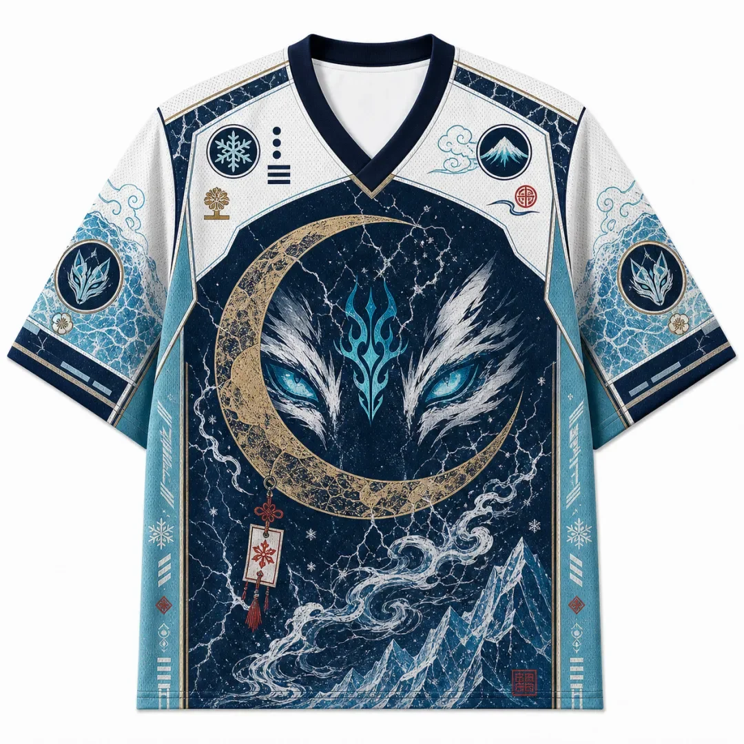 Japanese Fox Moon Iceberg Printed Mysterious Oriental Fantasy Pattern Breathable Mesh Short Sleeve Sports T-shirt