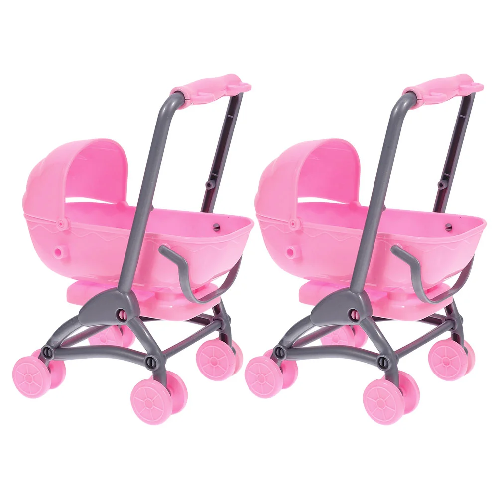 2 Pcs Children's Toy Stroller Baby Crib Shopping Cart Pretend Dollhouse Miniature Dolls Model