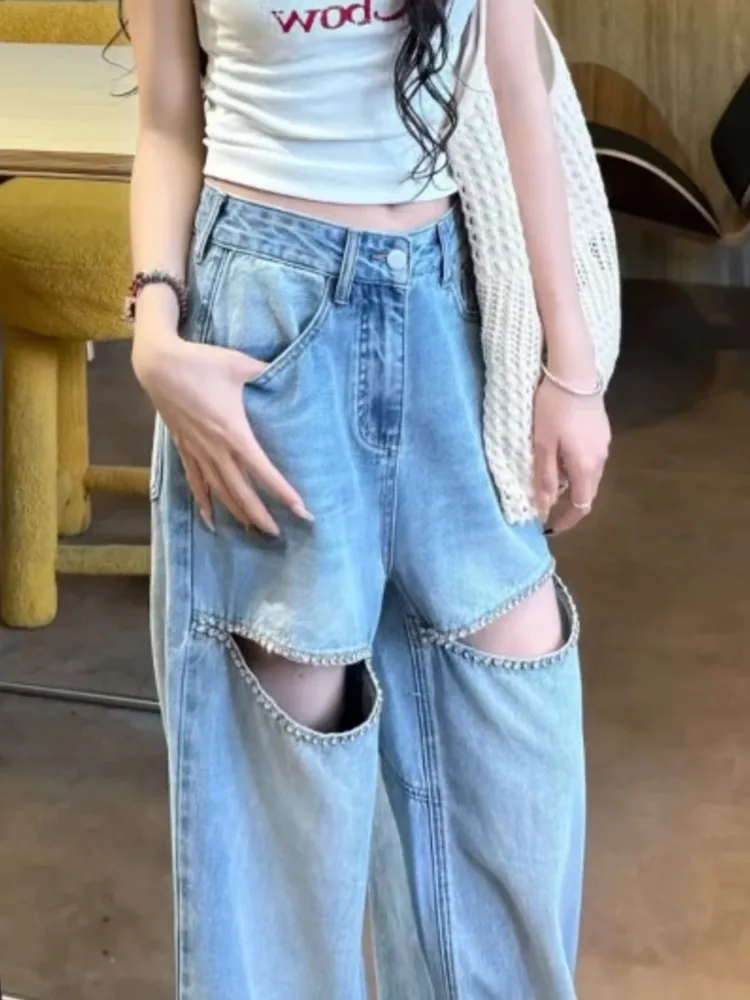 Jean ample à jambes larges pour femmes, nouveau Design d'été avec trous cloutés en diamant, taille haute décontractée, fermeture éclair, couleur Pure, résistant à l'usure