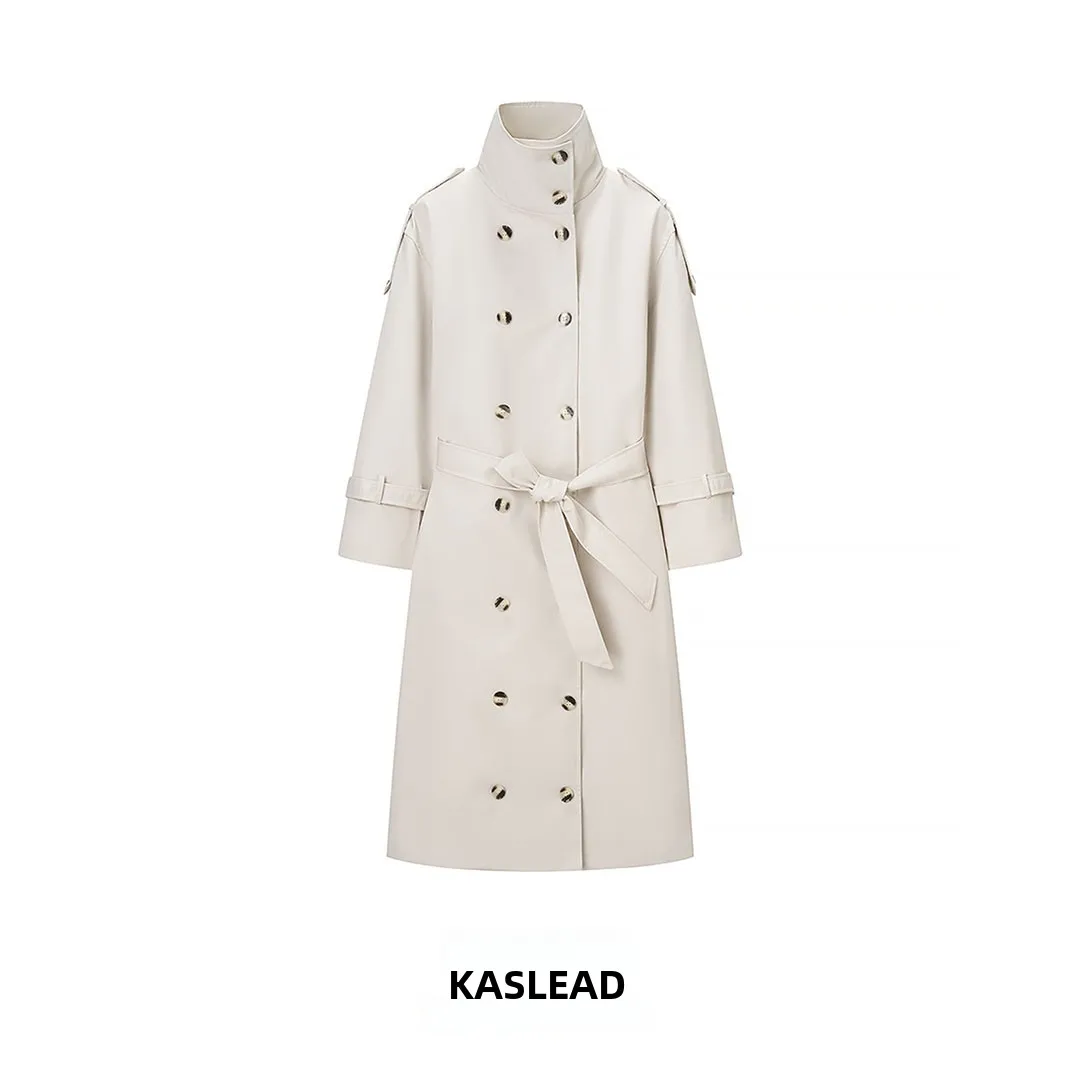 

KASLEAD новая женская длинная двубортная ветровка с воротником-стойкой и поясом, уличное пальто прямого кроя, осень 2025 Faion