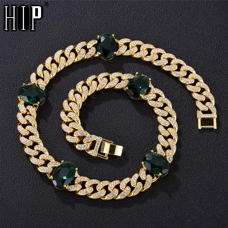 HIP HOP 9MM/10MM/13MM Cuban Link Chain With Green Butterfly Shape Stones Iced Out Rapper Necklaces For Men Women Choker Jewelry