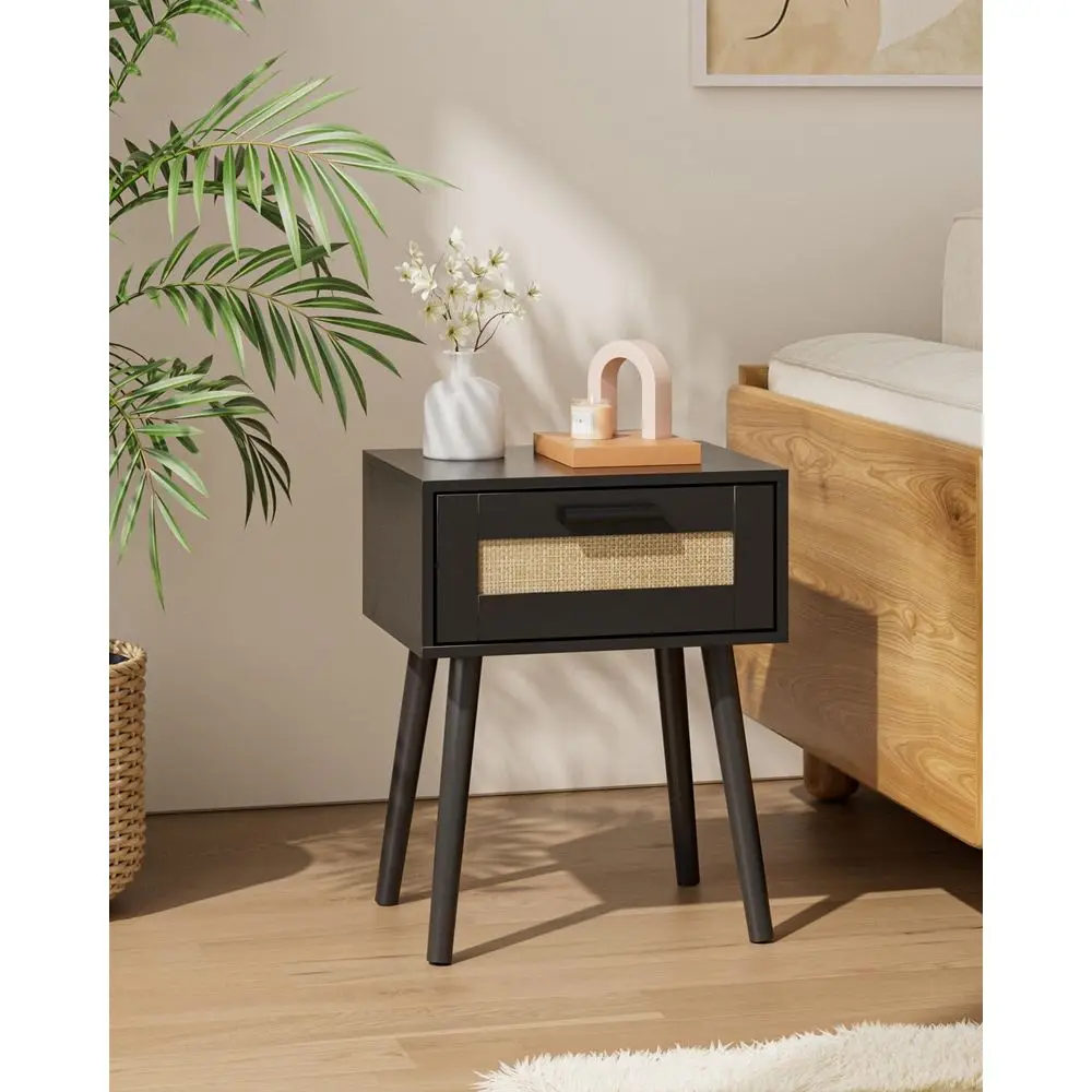 

Pair of Compact Black Rattan-Front Nightstands, Solid Wood Boho Style Side Tables for Bedrooms and Living Rooms small cabinet