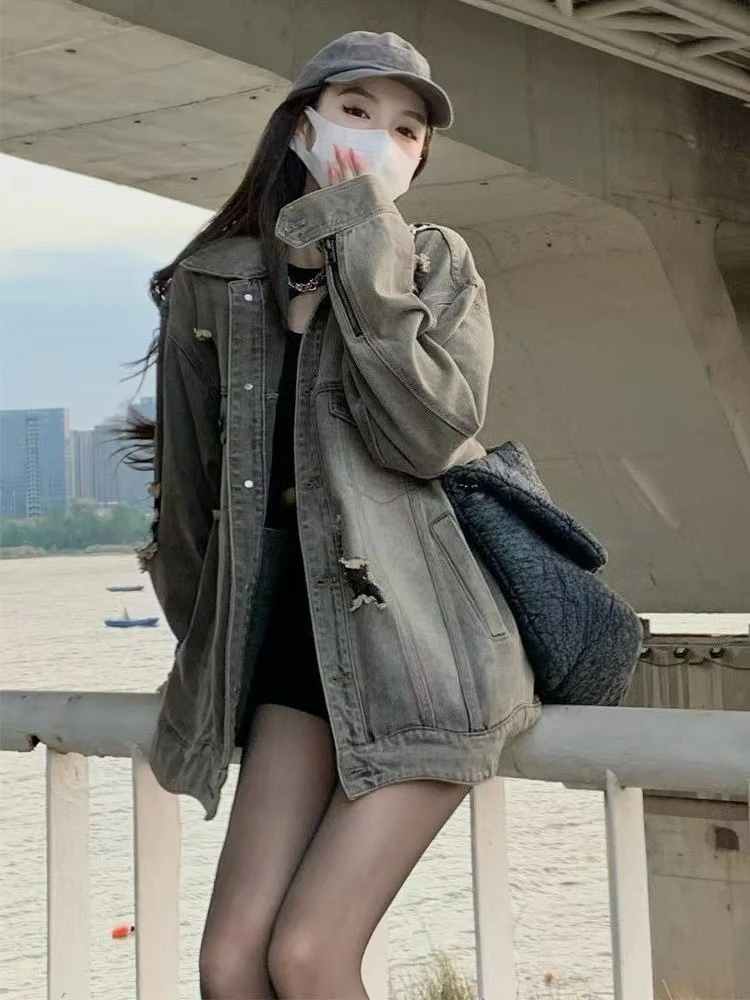 

Women 2025 Spring Autumn New Individual Street Retro HK Denim Jacket Loose Washed Distressed Open Front Versatile Trendy Top