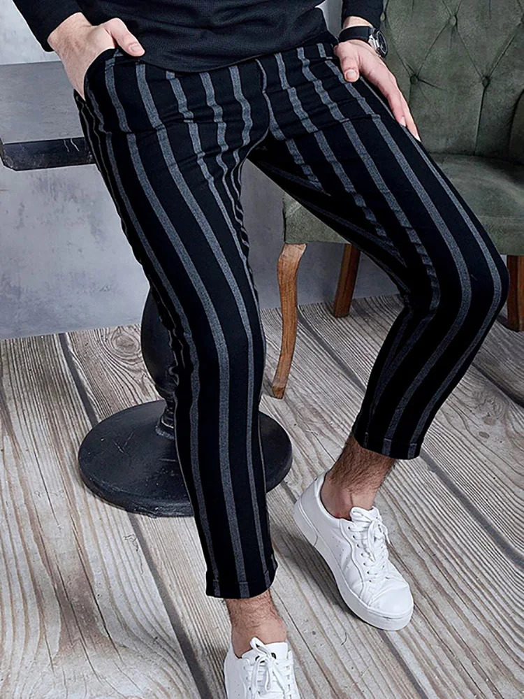 Business Men Office Classic Stripe Print Slim Pants England Style Casual Pockets Trousers New Streetwear Gentleman Pencil Pants