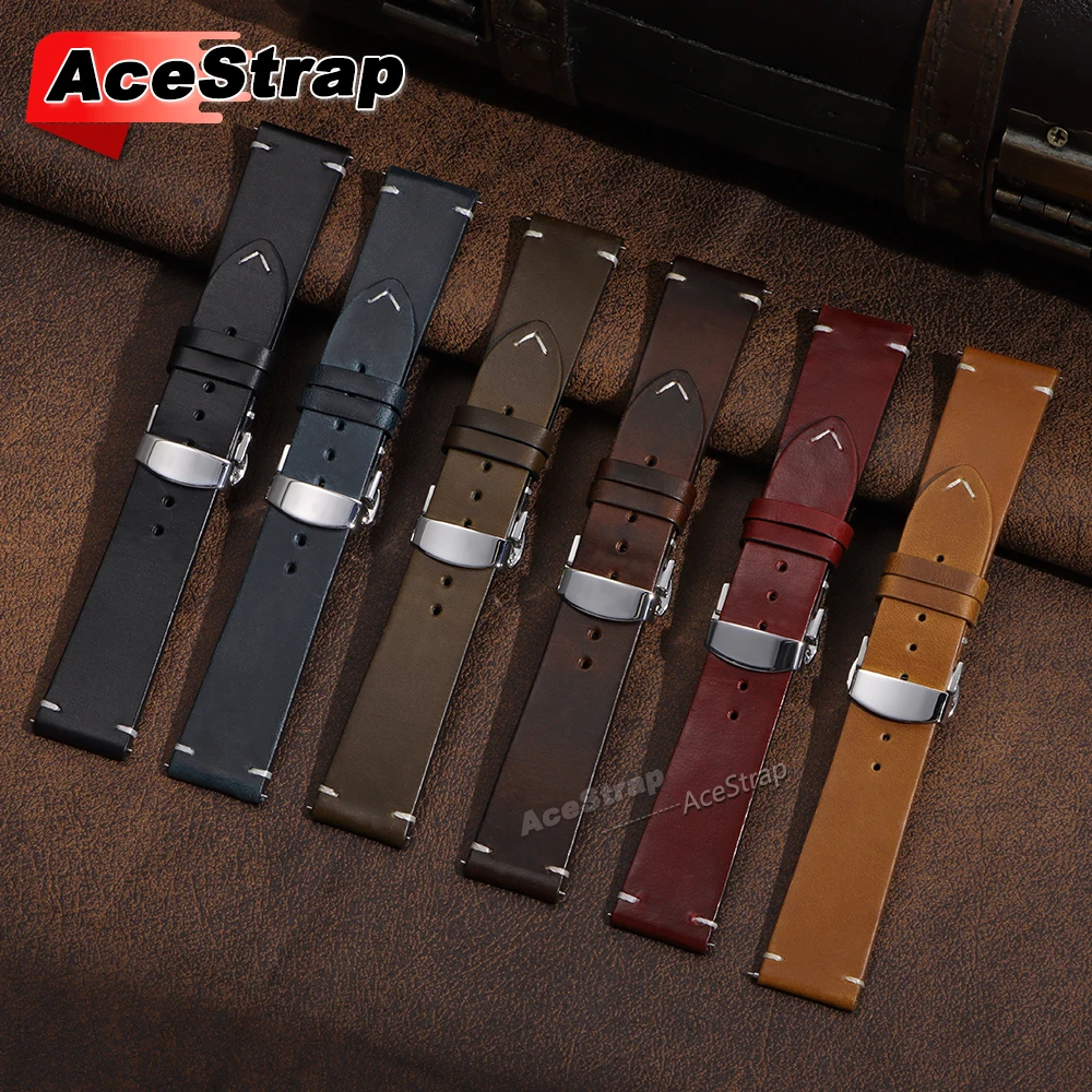 New Butterfly Buckle Vintage Soft Oil Wax Watch Band 18mm 19mm 20mm 21mm 22mm 24mm Cowhide Watch Strap Quick Release Watchband