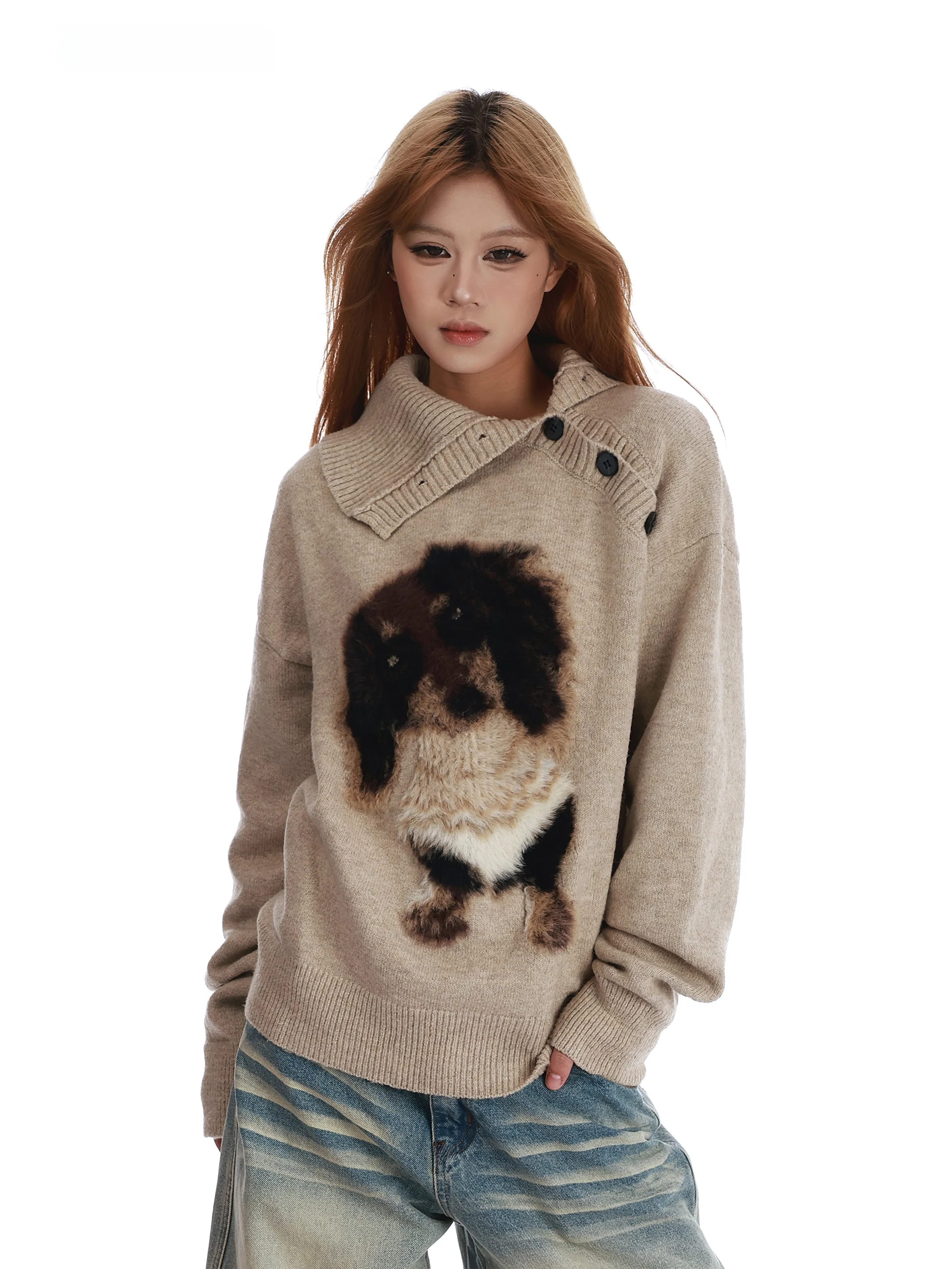 

American Retro Dog Head Sweater Women's Loose Lazy Sle Autumn Winter New Knitted Outerwear Street Sle Embroidered Long Sl...