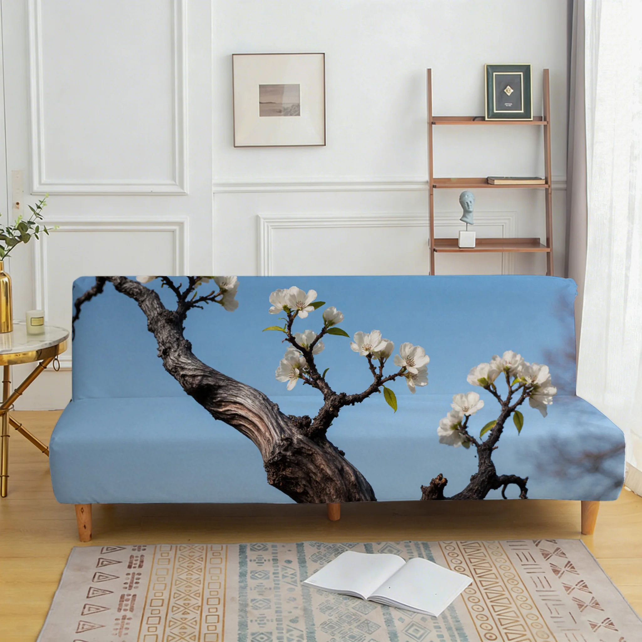 Pear blossom branch elastic sofa bed cover, living room sofa bed cover, dustproof machine washable sofa bed cover