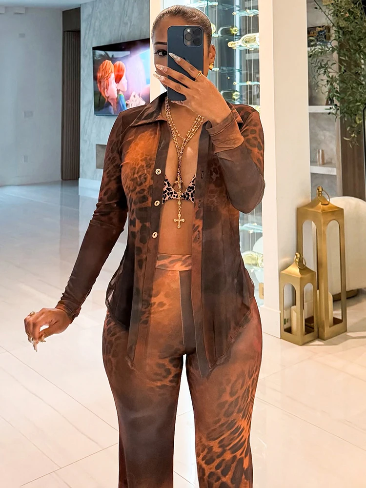 Nibber는 레오파드 무늬 2 개 세트 여성 섹시 버튼 타이트 블러 + 플래 팬츠 매치 스트리트 클럽 스트레치 의상