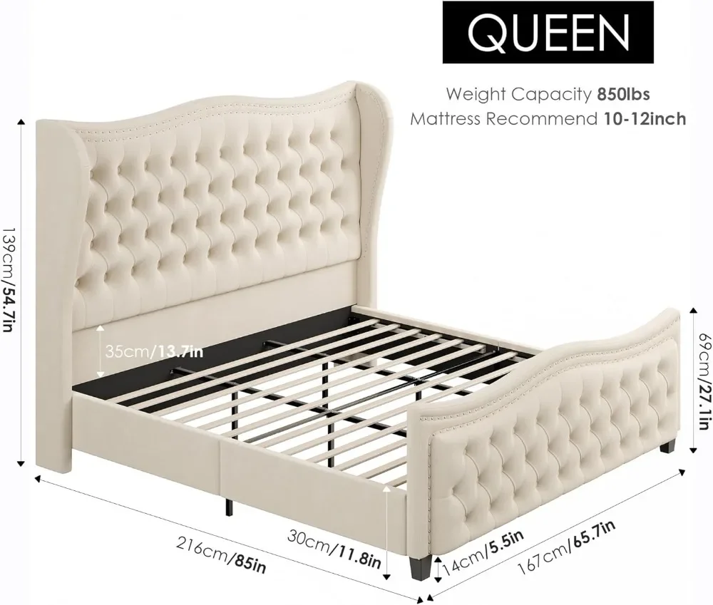 Queen Bedframe, 55 "Hoofdeinde Gestoffeerd Bed Met Hoog Voetbaord, Fluwelen Handgemaakte Plooien Met Diepe Knoop Getuft Vleugelbed