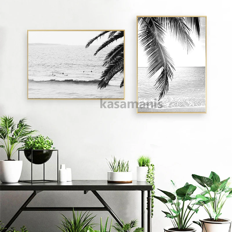 Black and White Coastal Surfing Landscape Posters & Prints Sea Wave Surfboard Photography Pictures Canvas Painting Home Decor